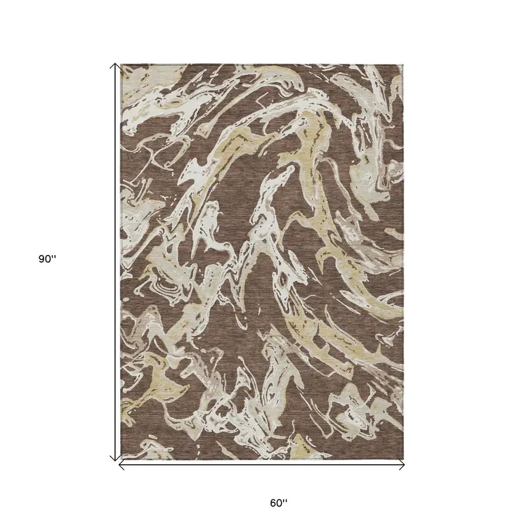 5' X 8' Brown Beige And Ivory Abstract Washable Indoor Outdoor Area Rug