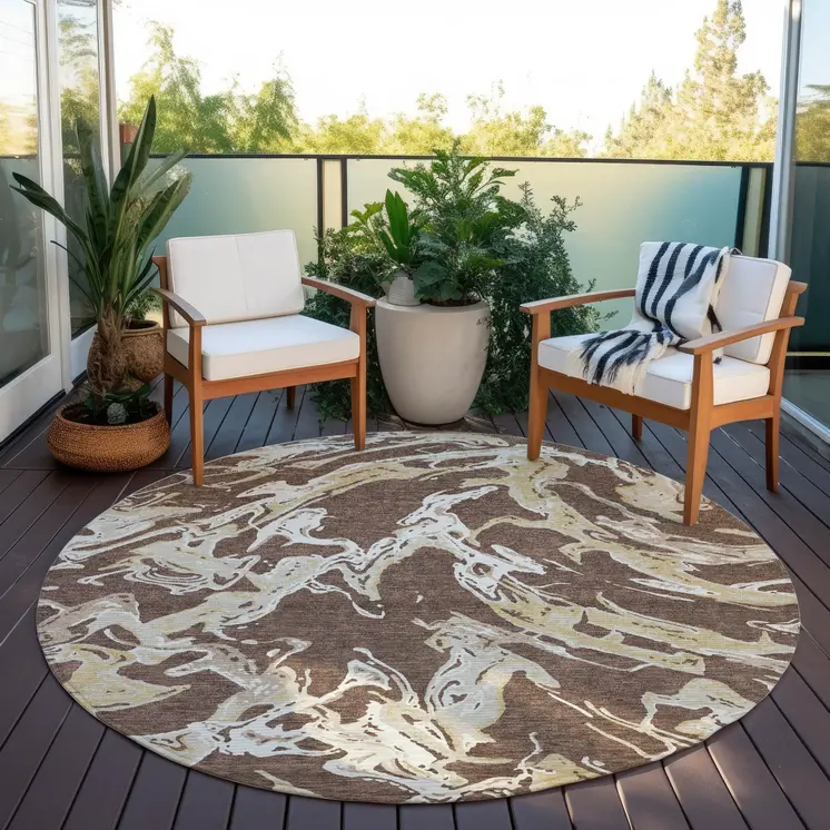8' Brown Beige And Ivory Round Abstract Washable Indoor Outdoor Area Rug