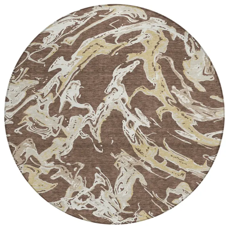 8' Brown Beige And Ivory Round Abstract Washable Indoor Outdoor Area Rug