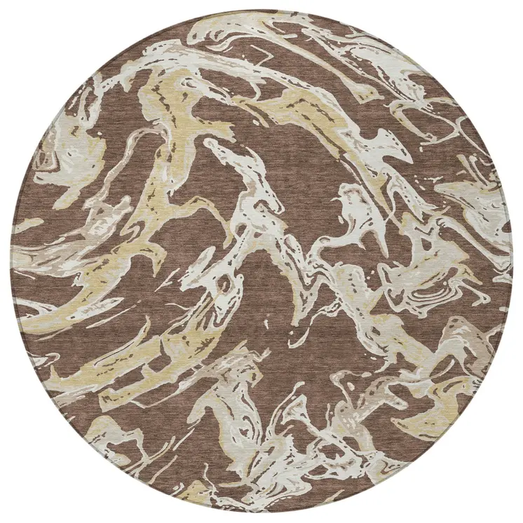 8' Brown Beige And Ivory Round Abstract Washable Indoor Outdoor Area Rug