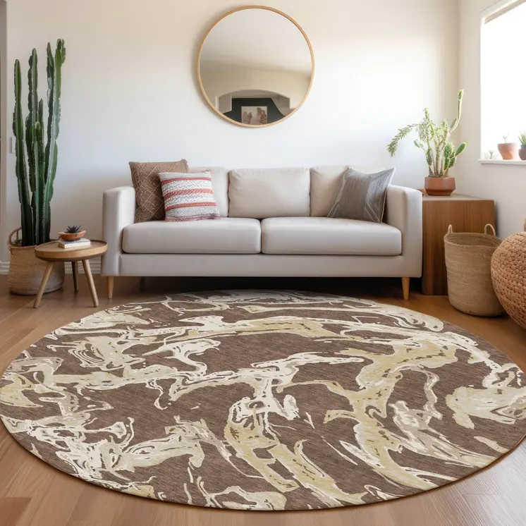 8' Brown Beige And Ivory Round Abstract Washable Indoor Outdoor Area Rug