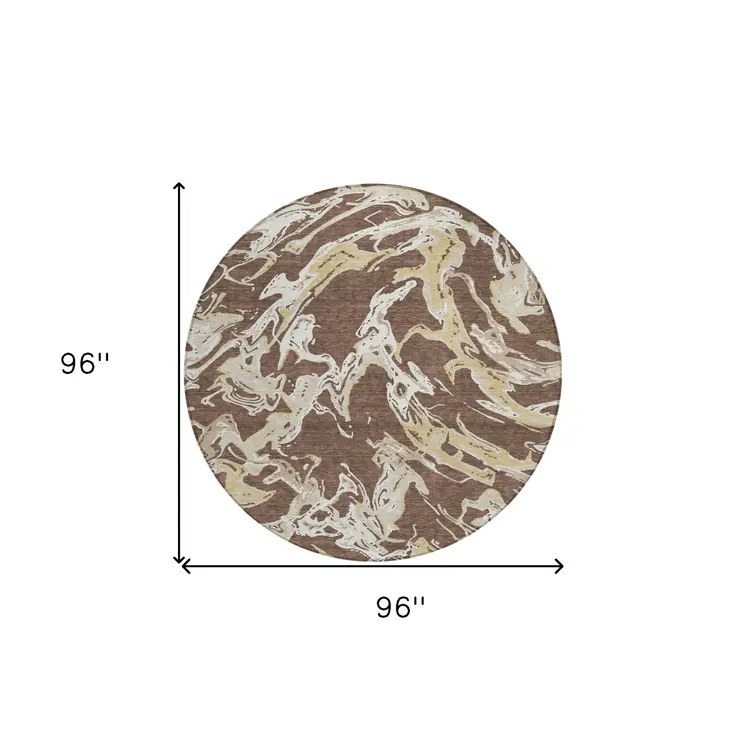 8' Brown Beige And Ivory Round Abstract Washable Indoor Outdoor Area Rug