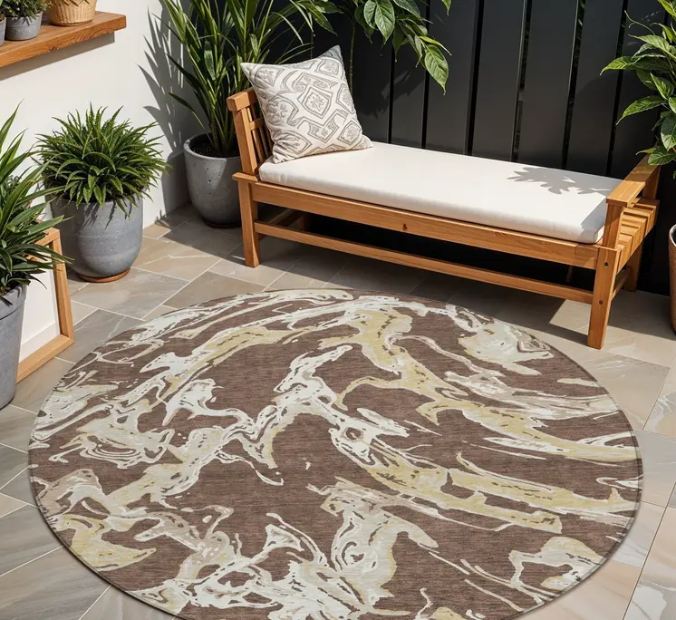 8' Brown Beige And Ivory Round Abstract Washable Indoor Outdoor Area Rug