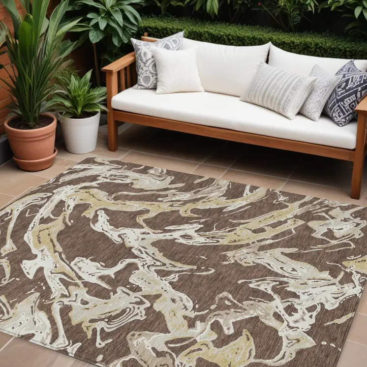 8' X 10' Brown Beige And Ivory Abstract Washable Indoor Outdoor Area Rug