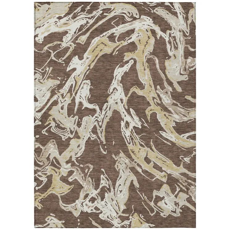 8' X 10' Brown Beige And Ivory Abstract Washable Indoor Outdoor Area Rug