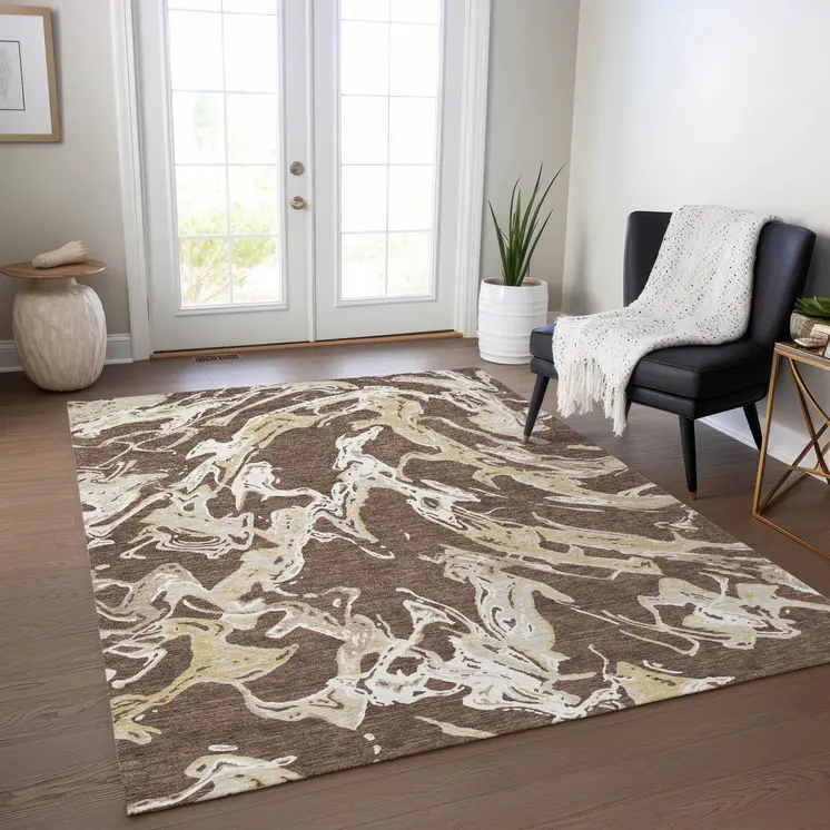 8' X 10' Brown Beige And Ivory Abstract Washable Indoor Outdoor Area Rug