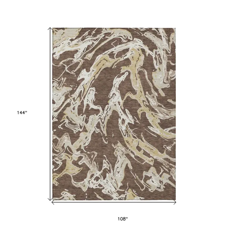 9' X 12' Brown Beige And Ivory Abstract Washable Indoor Outdoor Area Rug