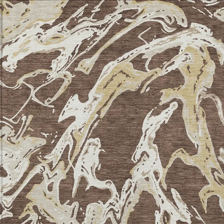 9' X 12' Brown Beige And Ivory Abstract Washable Indoor Outdoor Area Rug