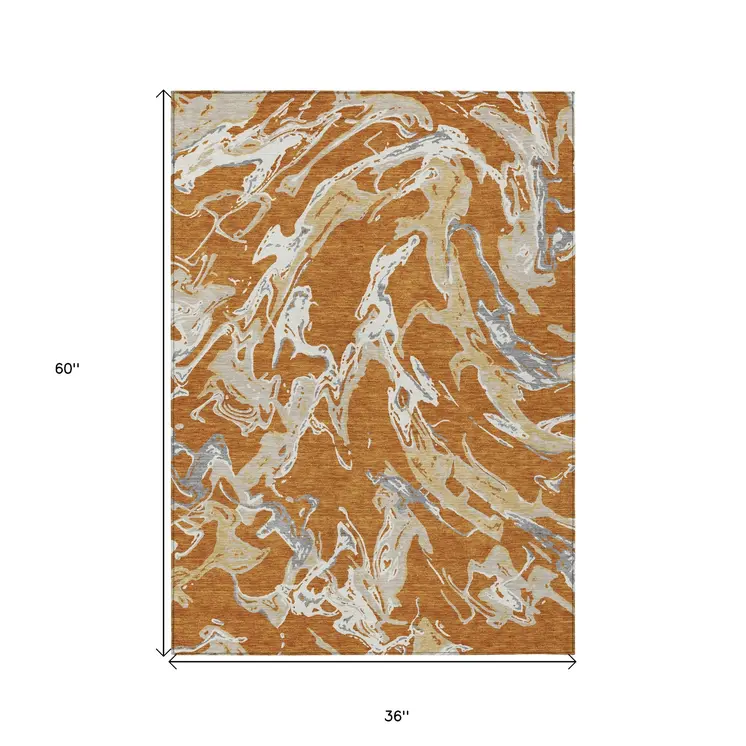 3' X 5' Copper Gray And Ivory Abstract Washable Indoor Outdoor Area Rug