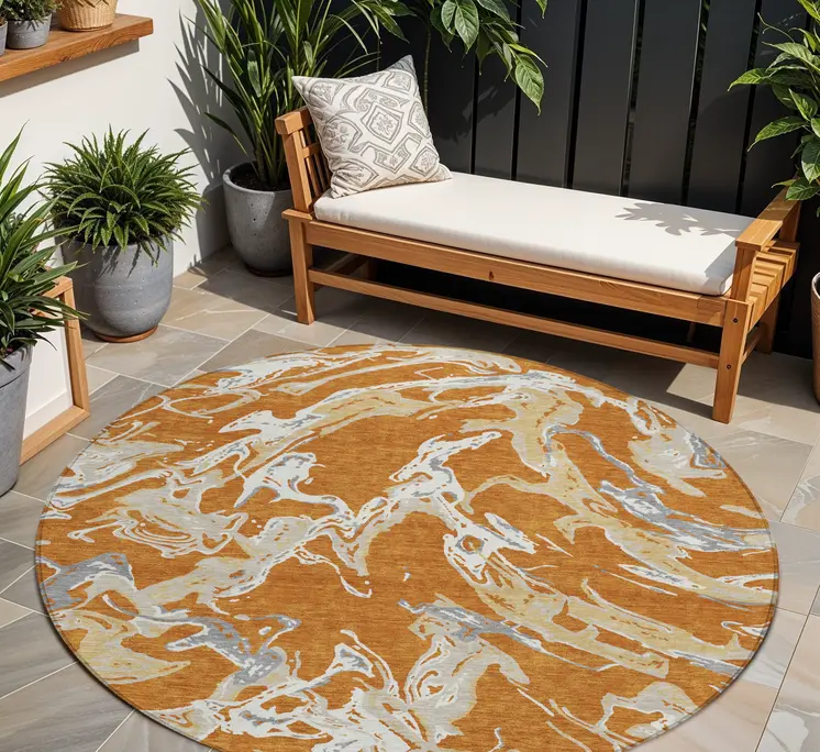 8' Copper Gray And Ivory Round Abstract Washable Indoor Outdoor Area Rug