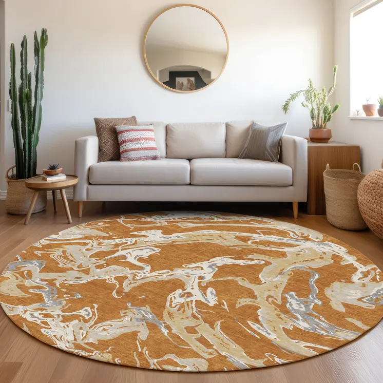 8' Copper Gray And Ivory Round Abstract Washable Indoor Outdoor Area Rug