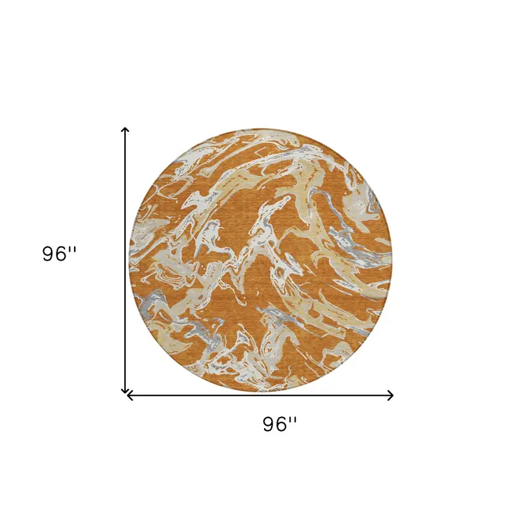 8' Copper Gray And Ivory Round Abstract Washable Indoor Outdoor Area Rug