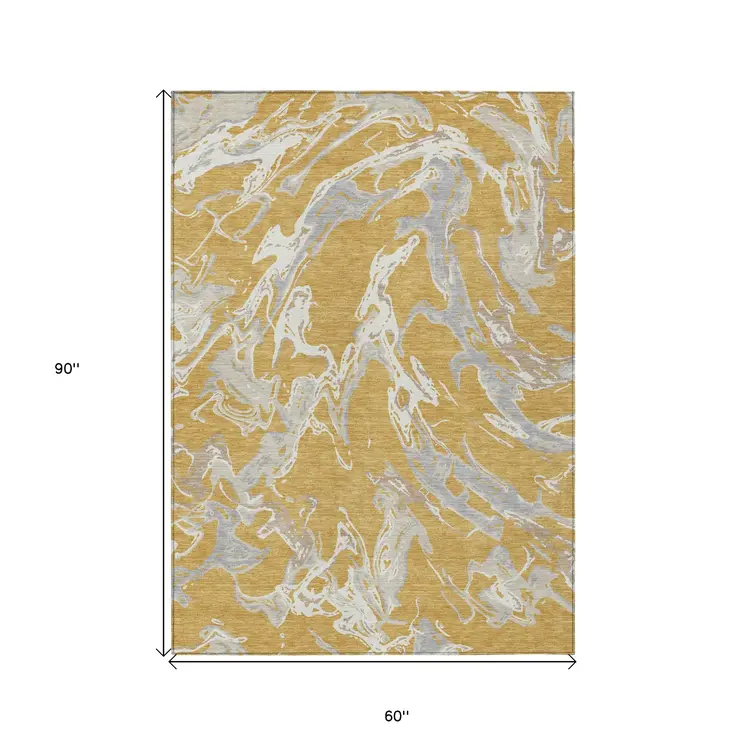 5' X 8' Gold Gray And Ivory Abstract Washable Indoor Outdoor Area Rug