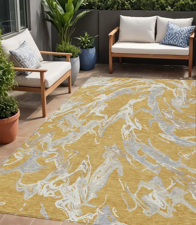 5' X 8' Gold Gray And Ivory Abstract Washable Indoor Outdoor Area Rug