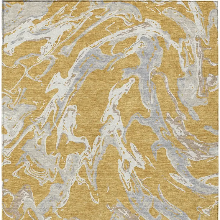 5' X 8' Gold Gray And Ivory Abstract Washable Indoor Outdoor Area Rug