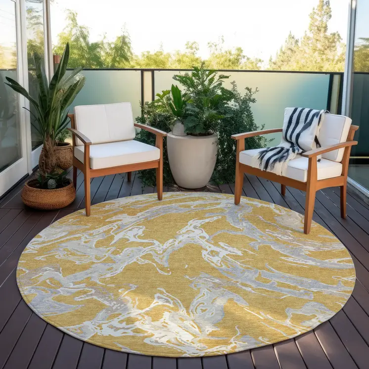 8' Gold Gray And Ivory Round Abstract Washable Indoor Outdoor Area Rug