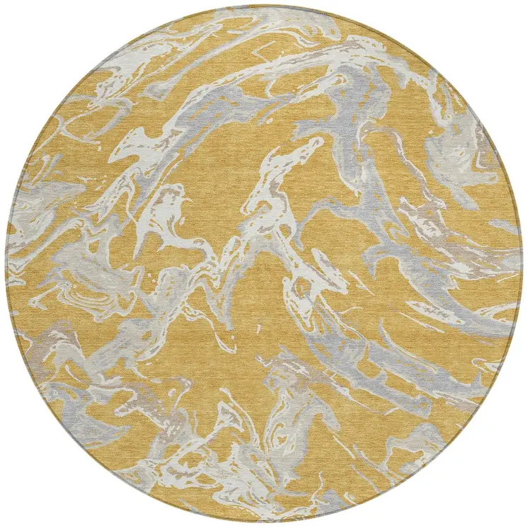 8' Gold Gray And Ivory Round Abstract Washable Indoor Outdoor Area Rug