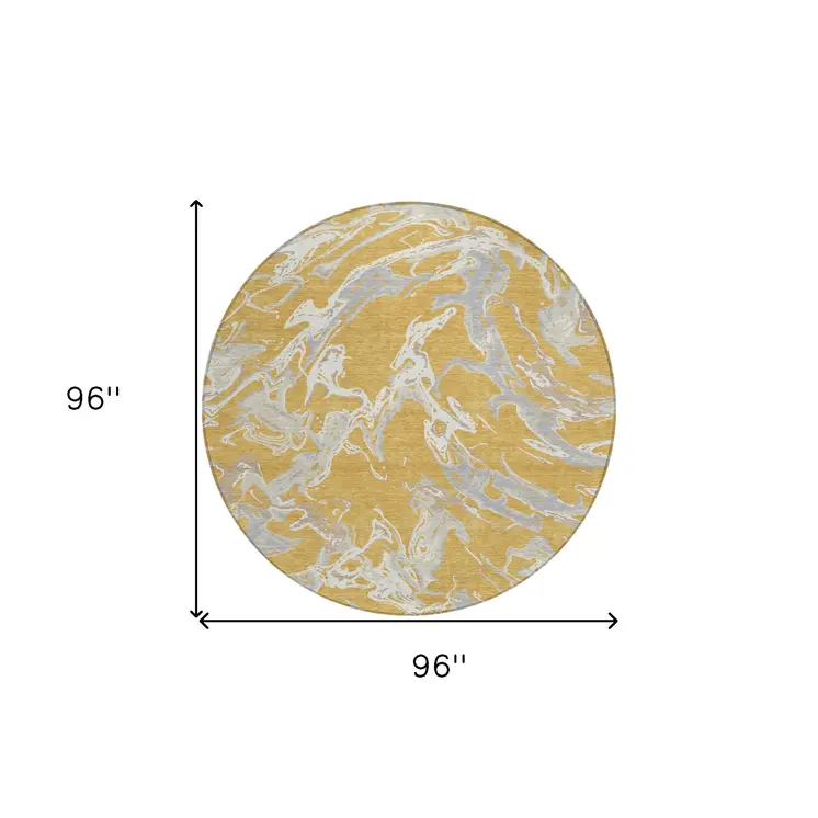 8' Gold Gray And Ivory Round Abstract Washable Indoor Outdoor Area Rug