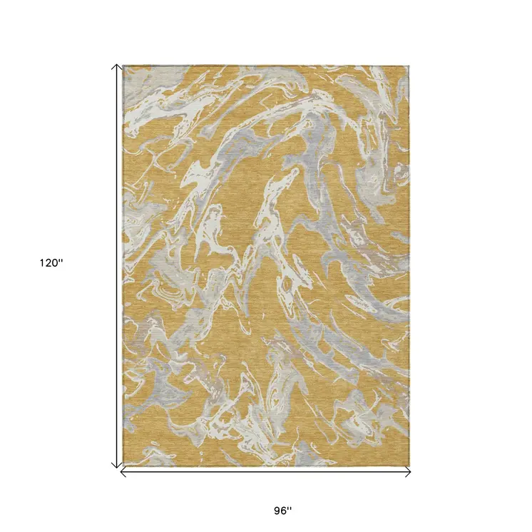 8' X 10' Gold Gray And Ivory Abstract Washable Indoor Outdoor Area Rug