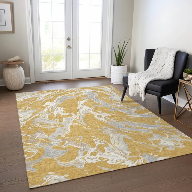 8' X 10' Gold Gray And Ivory Abstract Washable Indoor Outdoor Area Rug