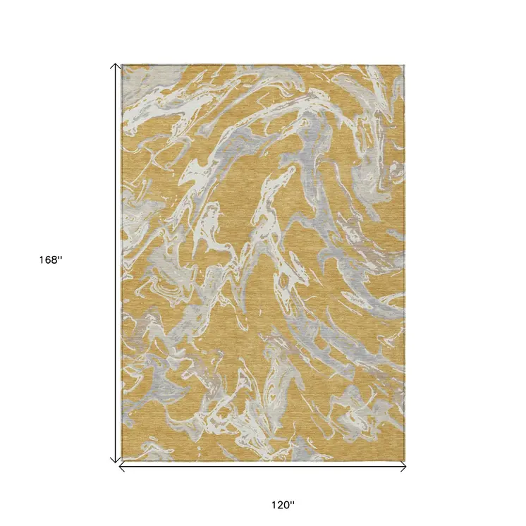 10' X 14' Gold Gray And Ivory Abstract Washable Indoor Outdoor Area Rug