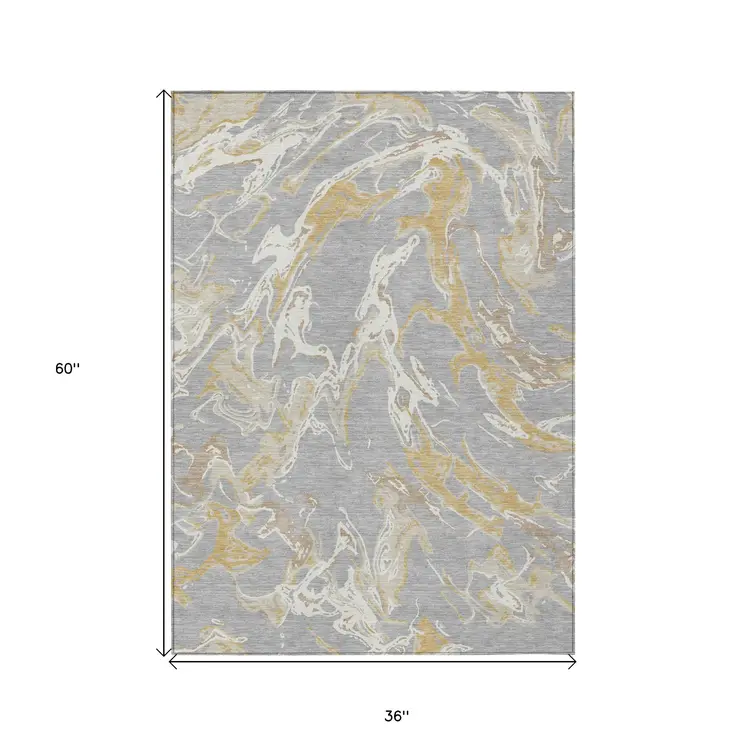 3' X 5' Gray Ivory And Gold Abstract Washable Indoor Outdoor Area Rug