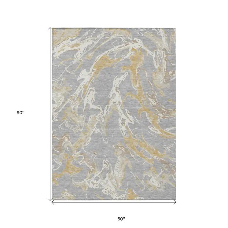5' X 8' Gray Ivory And Gold Abstract Washable Indoor Outdoor Area Rug
