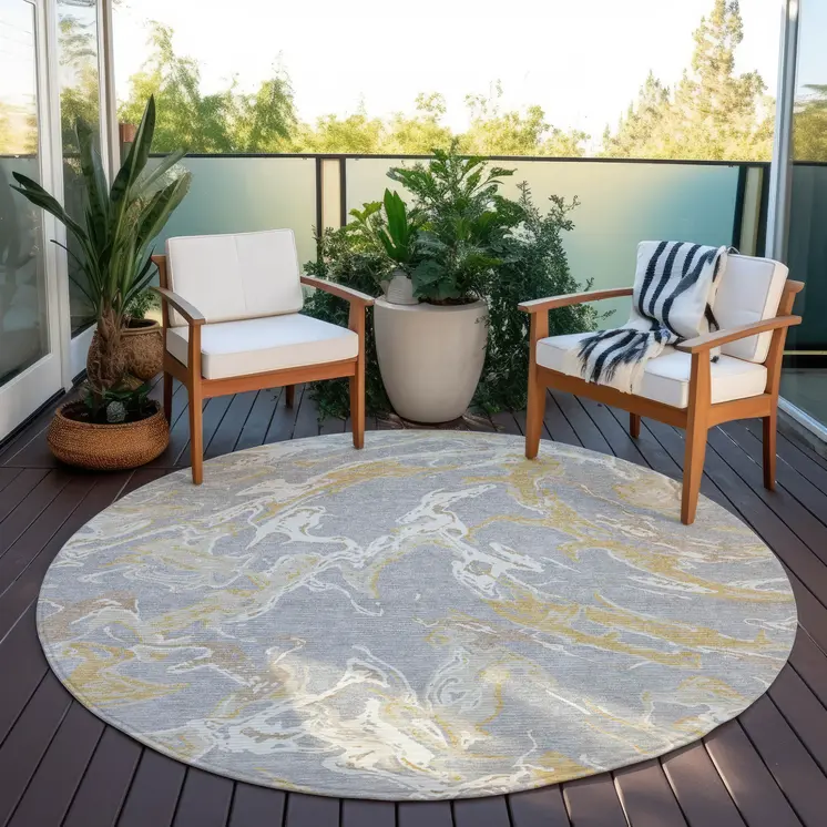 8' Gray Ivory And Gold Round Abstract Washable Indoor Outdoor Area Rug