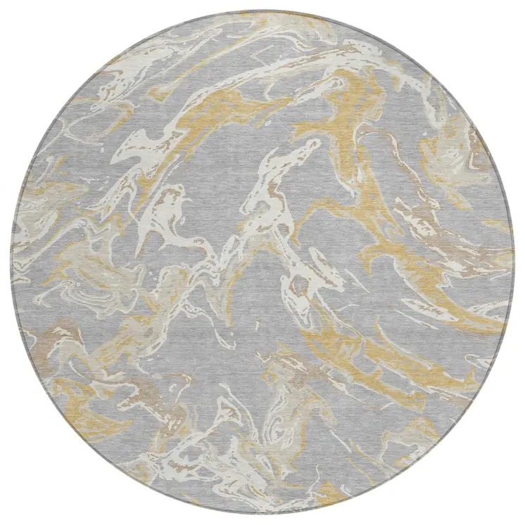 8' Gray Ivory And Gold Round Abstract Washable Indoor Outdoor Area Rug