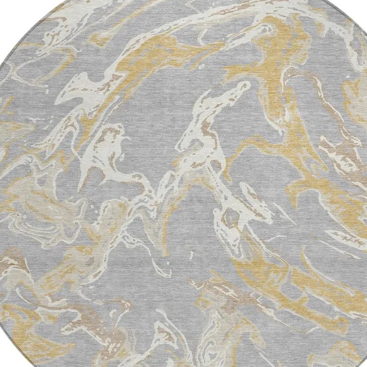 8' Gray Ivory And Gold Round Abstract Washable Indoor Outdoor Area Rug