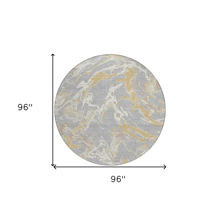 8' Gray Ivory And Gold Round Abstract Washable Indoor Outdoor Area Rug