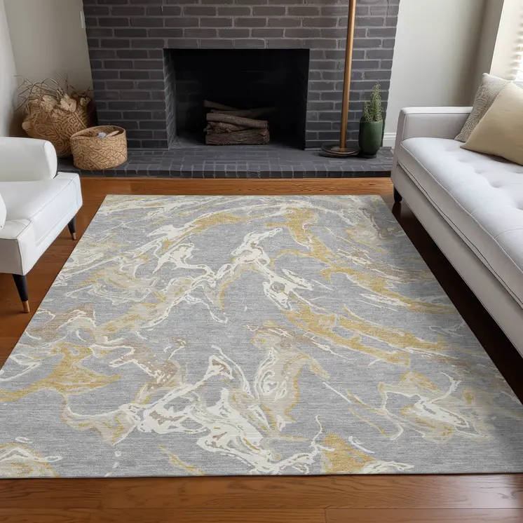 8' X 10' Gray Ivory And Gold Abstract Washable Indoor Outdoor Area Rug