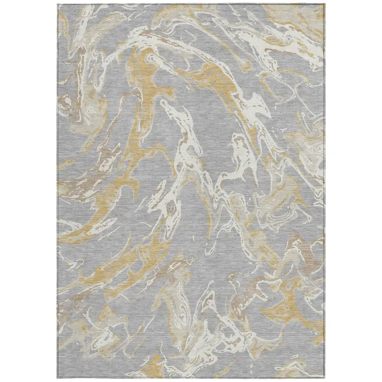 9' X 12' Gray Ivory And Gold Abstract Washable Indoor Outdoor Area Rug
