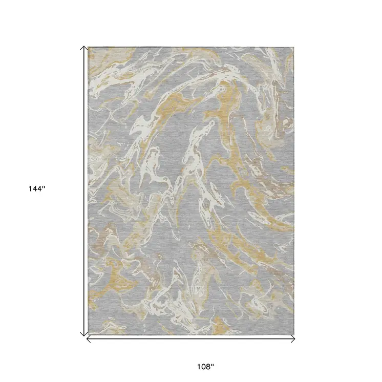 9' X 12' Gray Ivory And Gold Abstract Washable Indoor Outdoor Area Rug