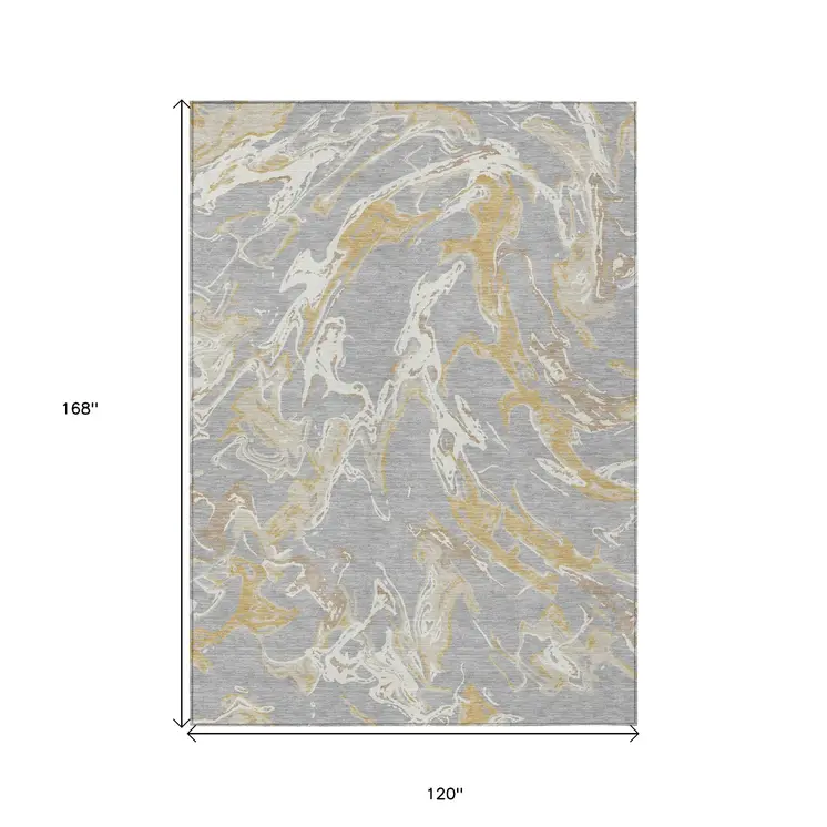 10' X 14' Gray Ivory And Gold Abstract Washable Indoor Outdoor Area Rug