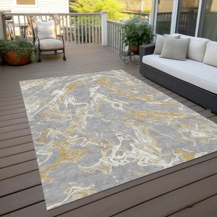10' X 14' Gray Ivory And Gold Abstract Washable Indoor Outdoor Area Rug