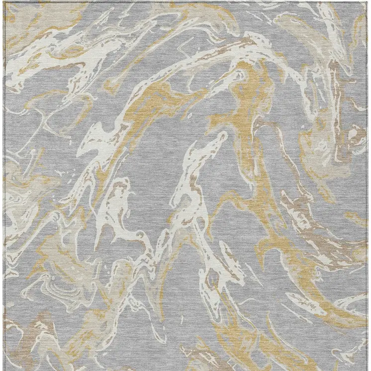 10' X 14' Gray Ivory And Gold Abstract Washable Indoor Outdoor Area Rug