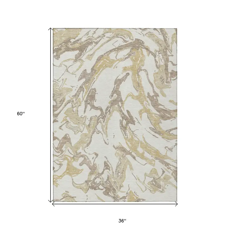 3' X 5' Ivory Gold And Brown Abstract Washable Indoor Outdoor Area Rug
