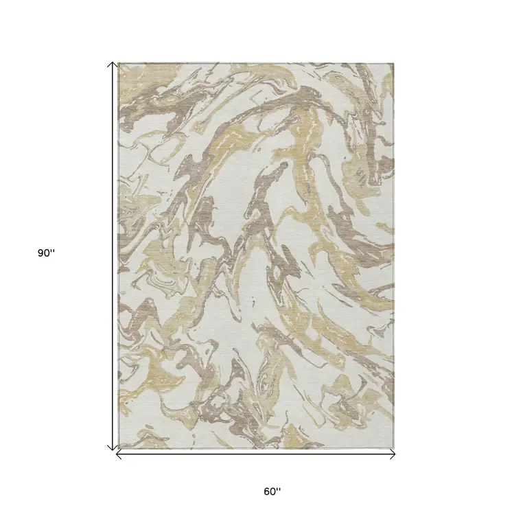 5' X 8' Ivory Gold And Brown Abstract Washable Indoor Outdoor Area Rug