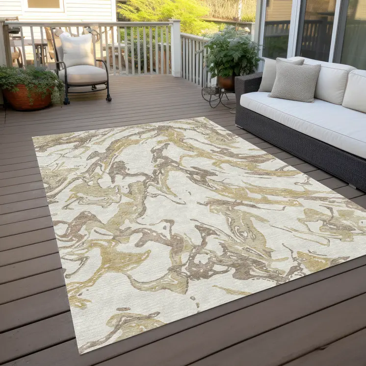 5' X 8' Ivory Gold And Brown Abstract Washable Indoor Outdoor Area Rug