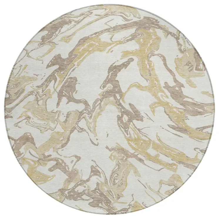 8' Ivory Gold And Brown Round Abstract Washable Indoor Outdoor Area Rug