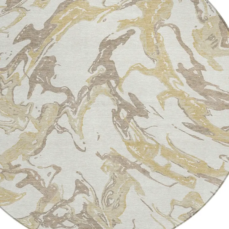 8' Ivory Gold And Brown Round Abstract Washable Indoor Outdoor Area Rug