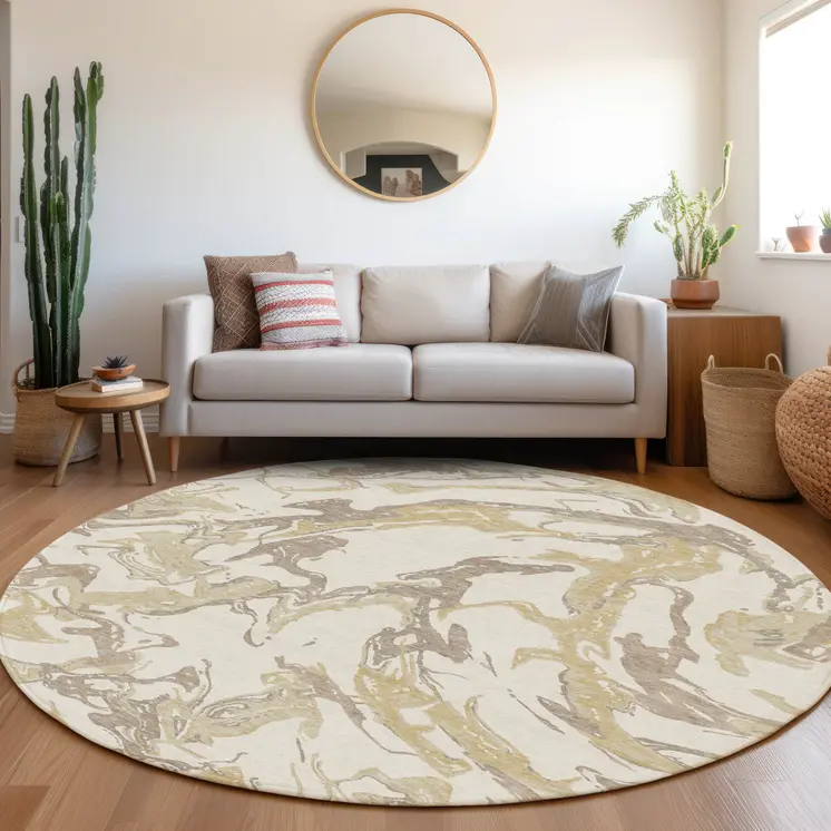 8' Ivory Gold And Brown Round Abstract Washable Indoor Outdoor Area Rug