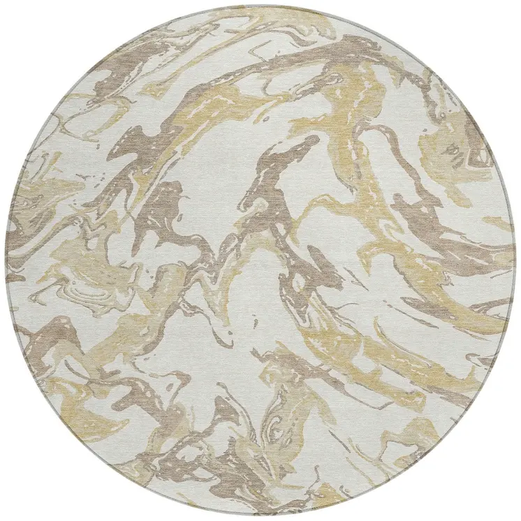 8' Ivory Gold And Brown Round Abstract Washable Indoor Outdoor Area Rug