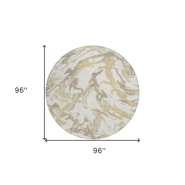 8' Ivory Gold And Brown Round Abstract Washable Indoor Outdoor Area Rug