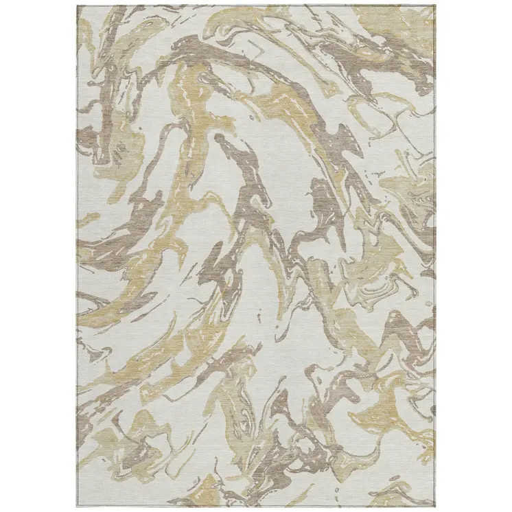 9' X 12' Ivory Gold And Brown Abstract Washable Indoor Outdoor Area Rug
