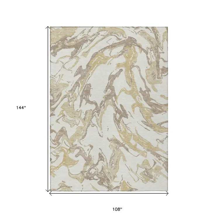 9' X 12' Ivory Gold And Brown Abstract Washable Indoor Outdoor Area Rug