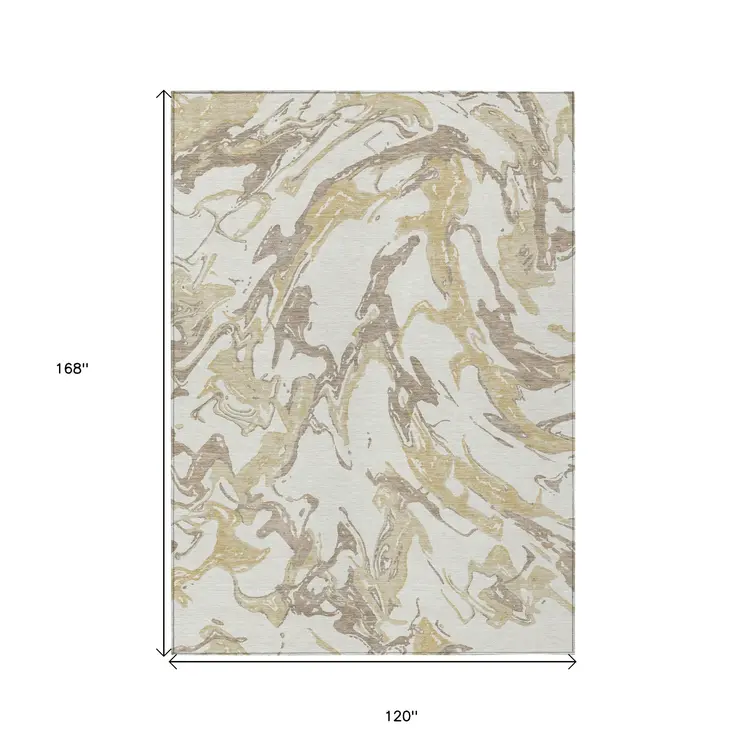 10' X 14' Ivory Gold And Brown Abstract Washable Indoor Outdoor Area Rug