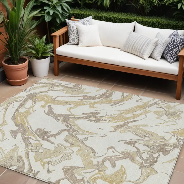 10' X 14' Ivory Gold And Brown Abstract Washable Indoor Outdoor Area Rug