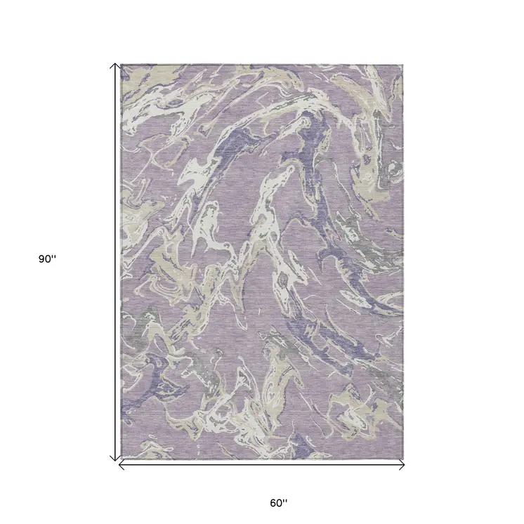 5' X 8' Lavender And Ivory Abstract Washable Indoor Outdoor Area Rug